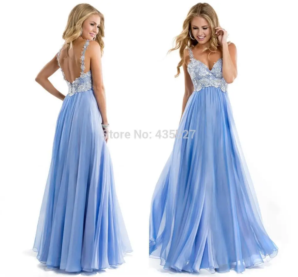 Nitree 2016 Light Blue Вечерние Платья Спинки Аппликация Спагетти Щелевая Шифон Pleat Longos