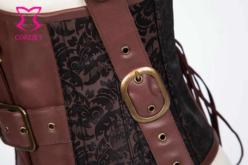 Brown Brocade and Faux Leather Halter Strap Steel Boned Steampunk Waistcoat Waist Trainer Corsets Slimming Belt For Men
Brown Brocade and Faux Leather Halter Strap Steel Boned Steampunk Waistcoat Waist Trainer Corsets Slimming Belt For Men