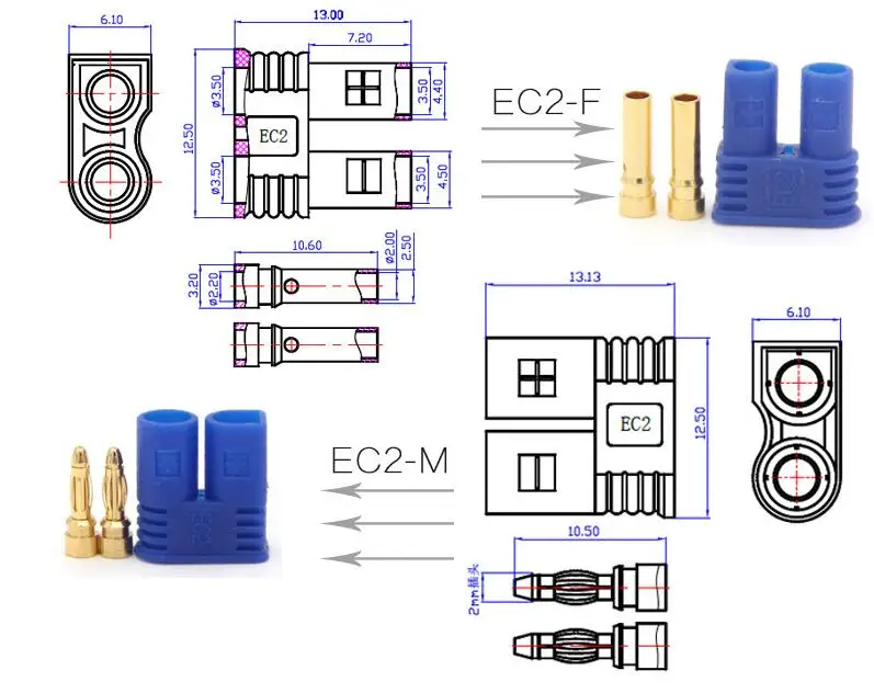 10 комплектов Amass EC2 Штекерный гнездовой разъем банановый для батареи Lipo RC |