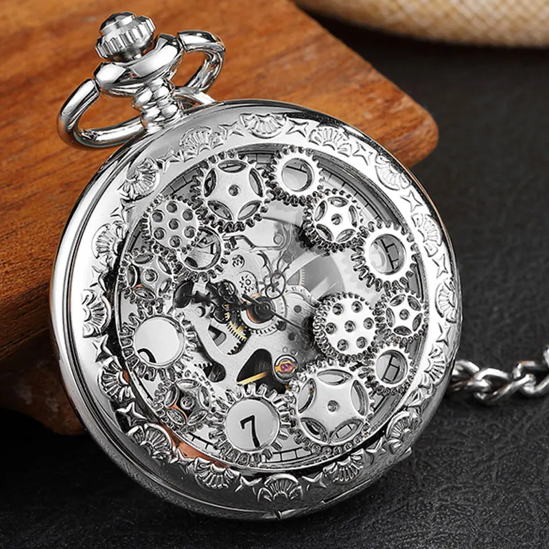 Vintage Silver Hand Wind Mechanical Pocket Watch Men Hollow Gear Double-sided Steampunk Skeleton Fob Watch Necklace With Chain
Vintage Silver Hand Wind Mechanical Pocket Watch Men Hollow Gear Double-sided Steampunk Skeleton Fob Watch Necklace With Chain