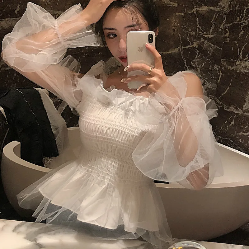 Fairy Mesh Spliced Ruffles Shirts Slash Neck Long Puff Sleeved Chiffon Blouse High Waist Elastic Crop Tops 2019 Blusas Mujer
Fairy Mesh Spliced Ruffles Shirts Slash Neck Long Puff Sleeved Chiffon Blouse High Waist Elastic Crop Tops 2019 Blusas Mujer