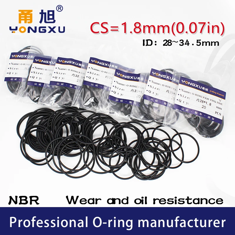 20PCS/Lot Black NBR Sealing O-Ring CS1.8mm Thickness ID28/29/30/31.5/32.5/33.5/34.5*1.8mm O Ring Seal Rubber Gasket Rings Washer
20PCS/Lot Black NBR Sealing O-Ring CS1.8mm Thickness ID28/29/30/31.5/32.5/33.5/34.5*1.8mm O Ring Seal Rubber Gasket Rings Washer