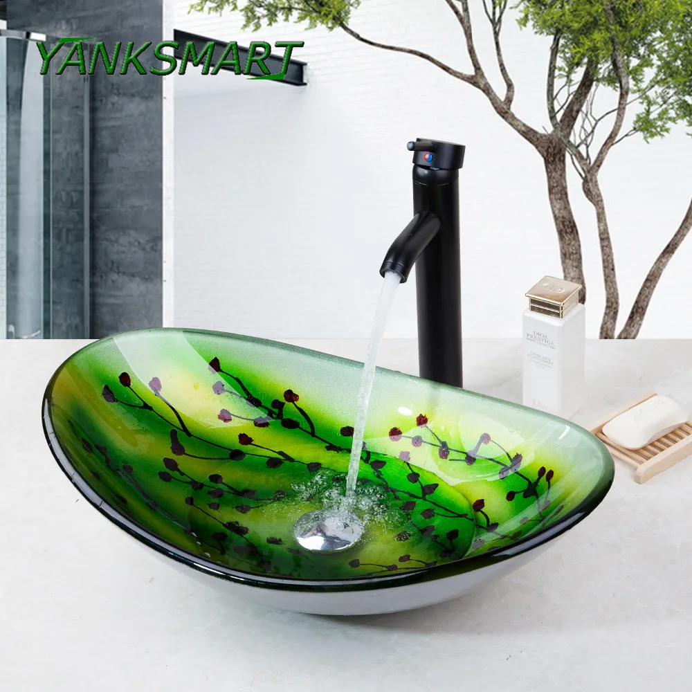 Фото YANKSMART зеленый овальный стеклянный смеситель для раковины ванной - купить