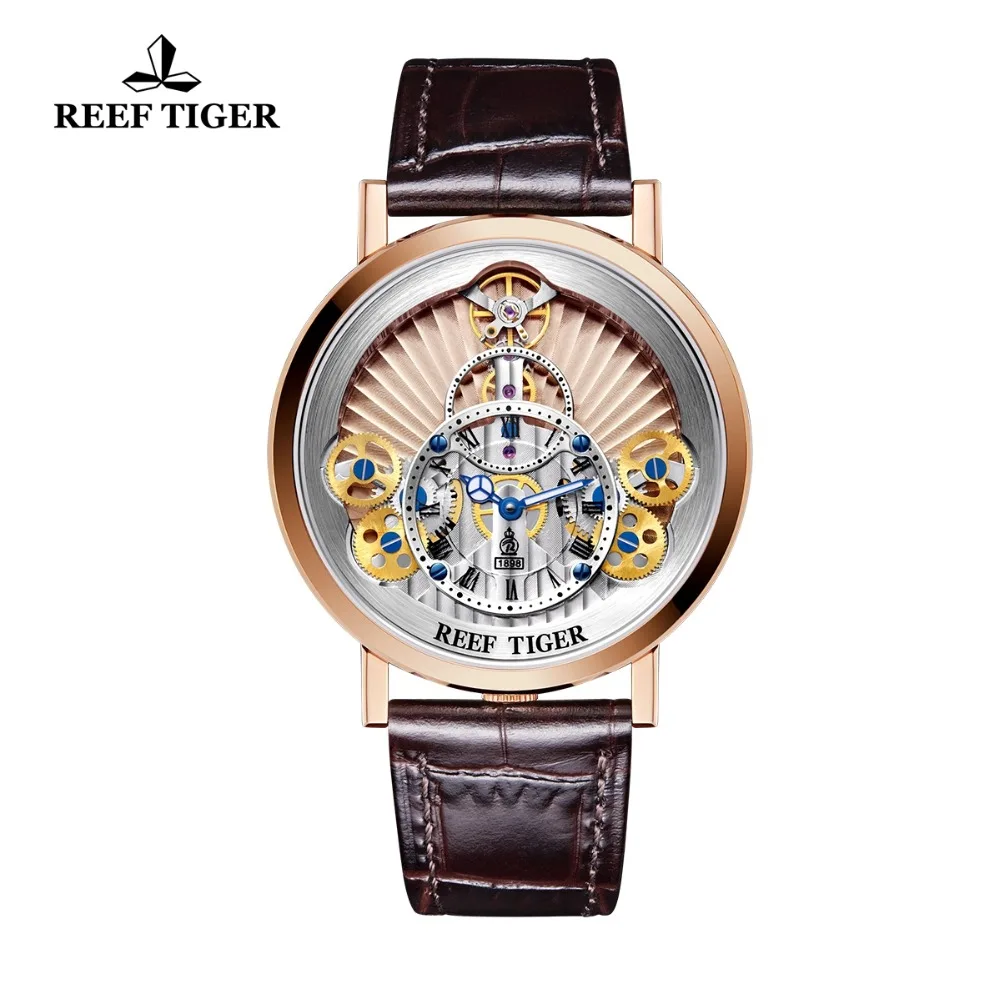 

New Reef Tiger/RT Luxury Gear Quartz Watches for Men Rose Gold Skeleton Watches Genuine Leather Strap RGA1958