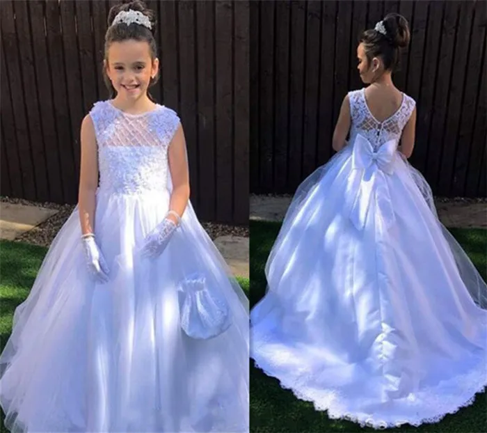 

New White Flower Girls Dresses O Neck Lace Kids First Communion Dress Size2-16Y