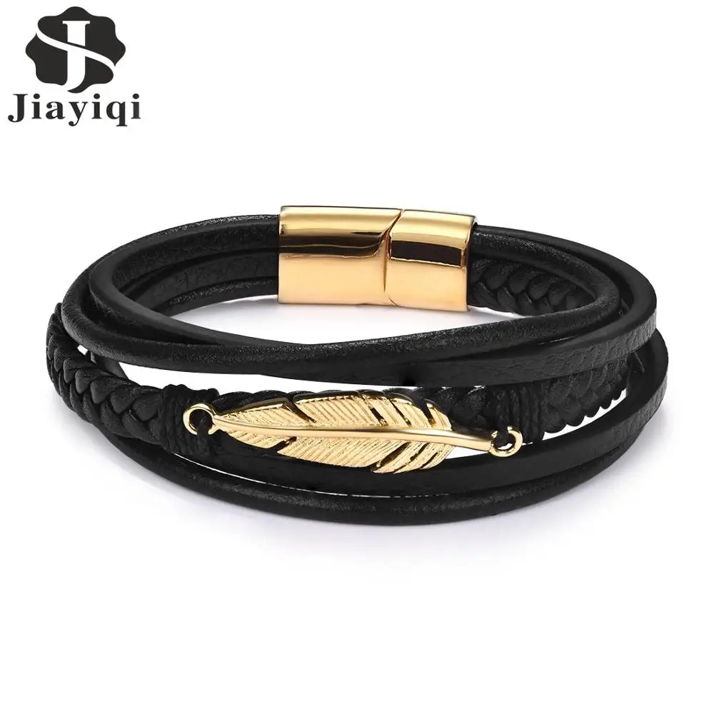 Jiayiqi Multi-Layer Genuine Leather Leaf Feather Bracelet For Men Stainless Steel Magnetic Clasp Fashion Bangles Male Jewelry
Jiayiqi Multi-Layer Genuine Leather Leaf Feather Bracelet For Men Stainless Steel Magnetic Clasp Fashion Bangles Male Jewelry
