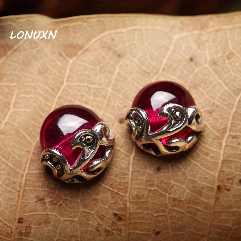 

3 colors 1cm Girlfriend gift 925 sterling silver stud earrings Natural semi-precious stones red corundum women jewelry retro