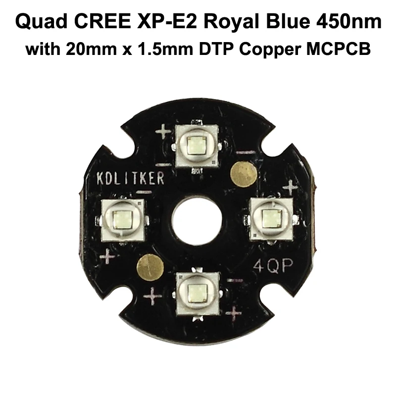 Quad Cree XP-E2 Королевский синий 450nm светодиодный излучатель с KDLITKER 20 мм x 1,5 мм DTP медная печатная плата (параллельно) с оптикой
Quad Cree XP-E2 Королевский синий 450nm светодиодный излучатель с KDLITKER 20 мм x 1,5 мм DTP медная печатная плата (параллельно) с оптикой