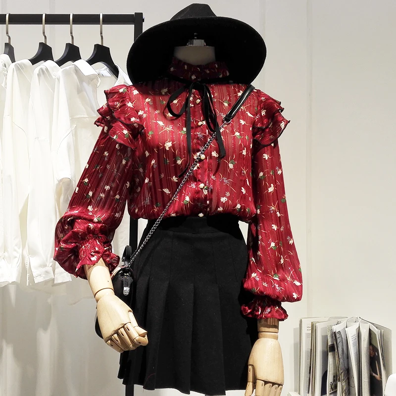 High Quality Floral Print Ruffles Top Blouse Women's Long Sleeve Elegant Burgundy Casual Blouse Shirt 2019 Spring Tops
High Quality Floral Print Ruffles Top Blouse Women's Long Sleeve Elegant Burgundy Casual Blouse Shirt 2019 Spring Tops