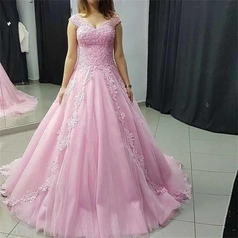 Pink Ball Gown Prom Dresses New Lace Applique Floor Length Sleeveless Tull Formal Evening Party Gowns
Pink Ball Gown Prom Dresses New Lace Applique Floor Length Sleeveless Tull Formal Evening Party Gowns