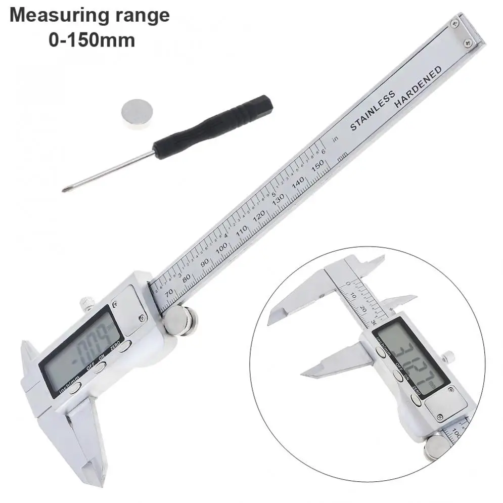 150mm Stainless Steel Electronic Digital Silver Vernier Caliper Ruler with 0.01mm Accuracy and W-type Box for Measuring
150mm Stainless Steel Electronic Digital Silver Vernier Caliper Ruler with 0.01mm Accuracy and W-type Box for Measuring