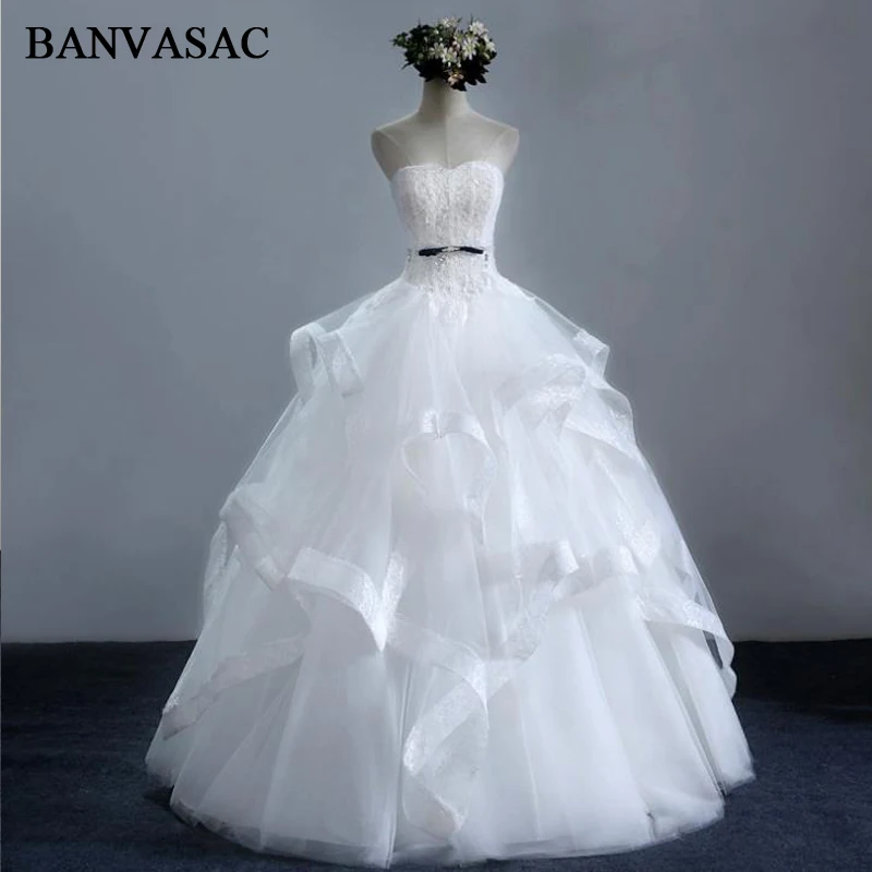 BANVASAC 2017 новые элегантные свадебные платья без бретелек с вышивкой атласные