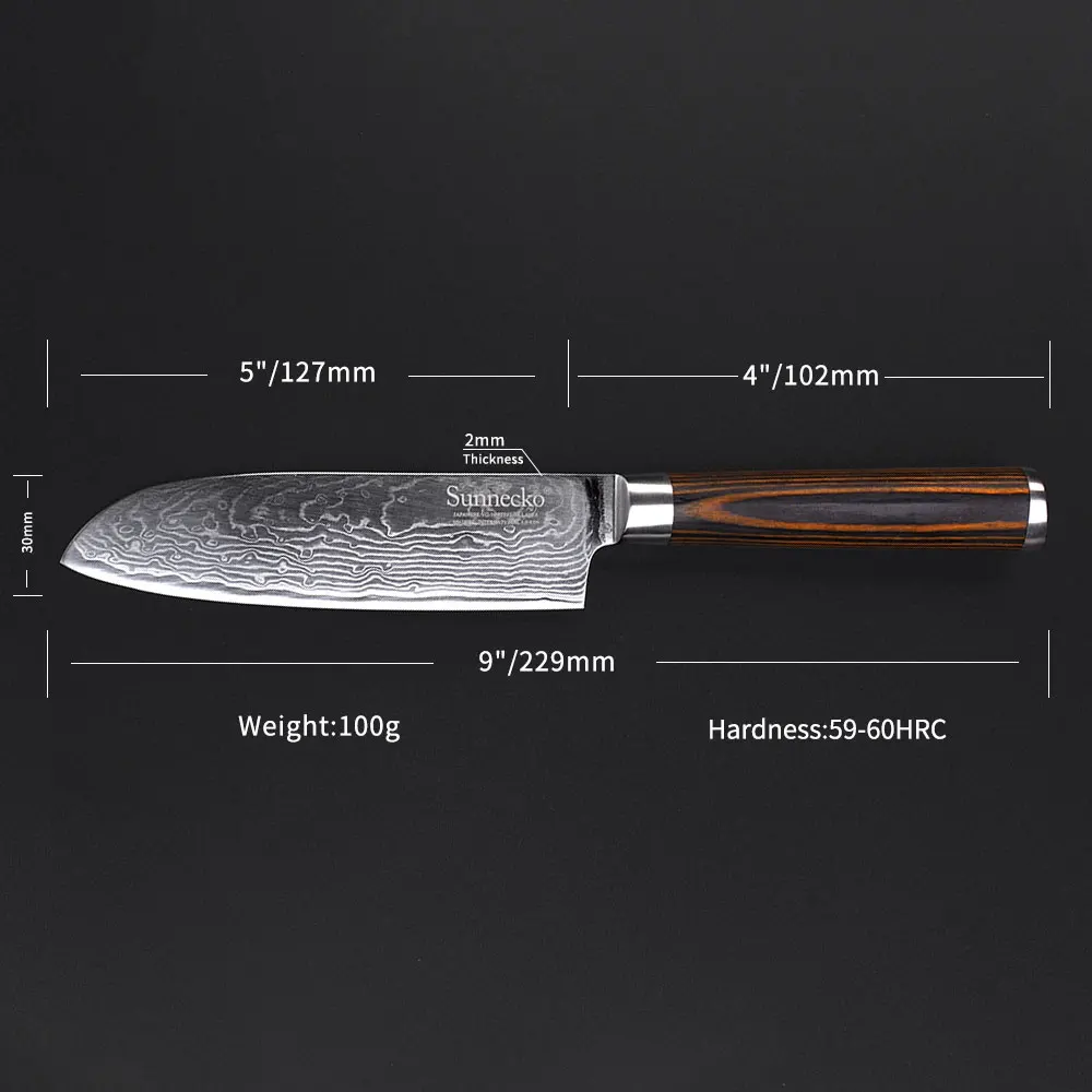 SUNNECKO 5" inch Santoku Knife Kitchen Chef Knives Cutting Tools 73-Layer Japanese VG10 Damascus Steel Sharp Color Wood Handle
SUNNECKO 5" inch Santoku Knife Kitchen Chef Knives Cutting Tools 73-Layer Japanese VG10 Damascus Steel Sharp Color Wood Handle