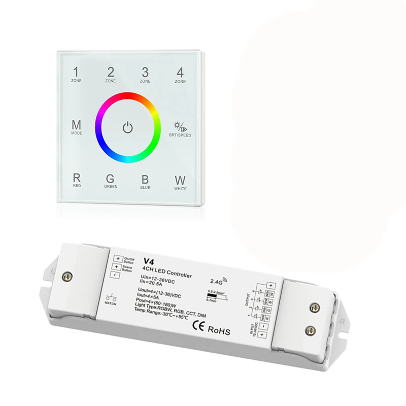 

New Touch Panel Led RGB RGBW Strip Controller 100V 240V 4 Zone 2.4GHz RF Remote T14 86mm Wall Mount 12V 24V Wireless Receiver