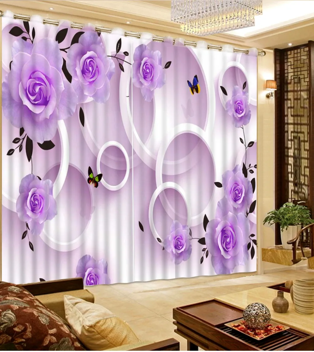 

Фиолетовая занавеска, 3D занавеска для дома и спальни, с цветами розы, круглые оконные шторы, светонепроницаемые тканевые шторы для окон