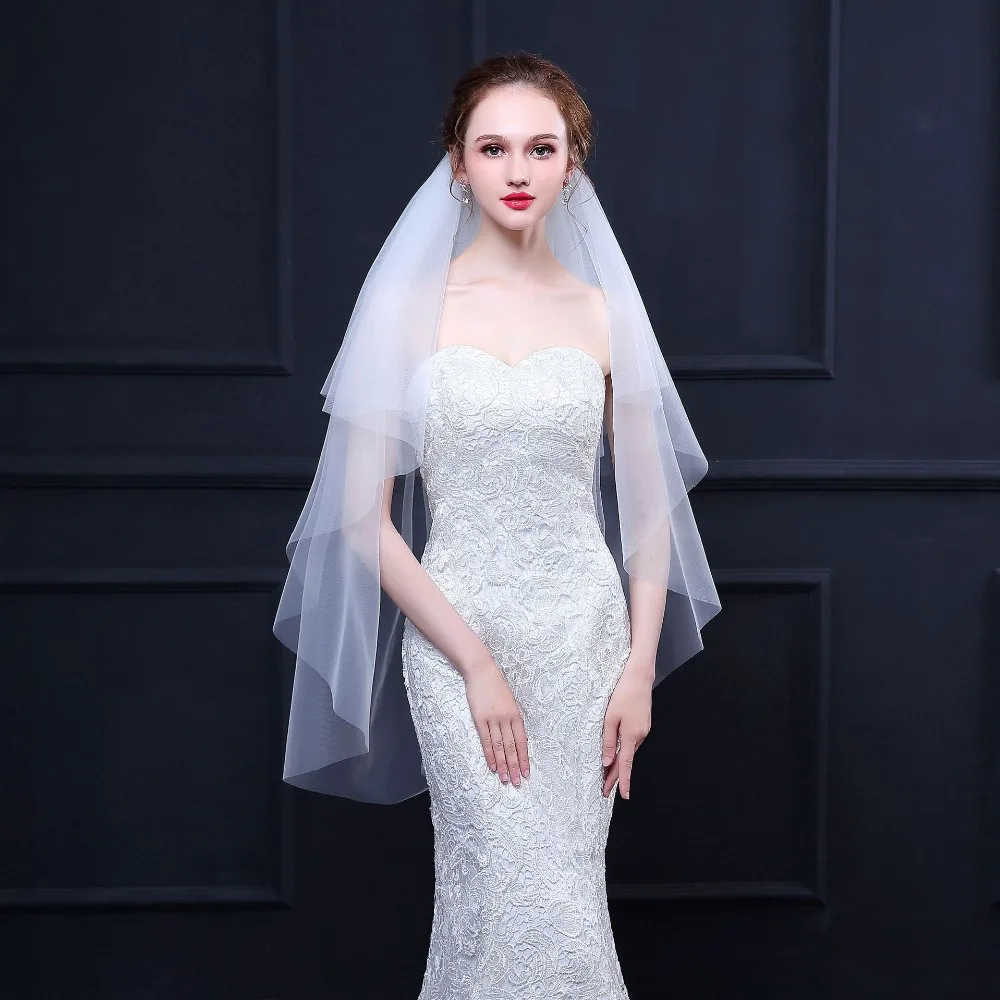 JaneVini Simple Cheap Ivory/White Wedding Veils Two Layers with Comb Elbow Length Veil Short Tulle Bridal Accessories | Свадьбы и