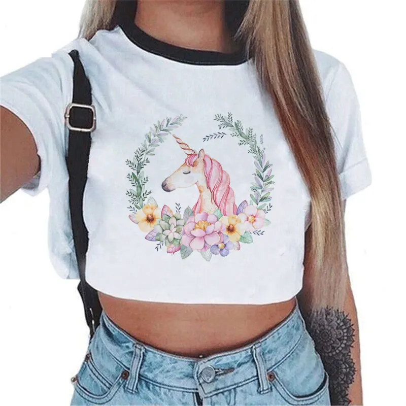 Hot Selling Summer Kawaii Crop Top Cartoon Horse Wreath Unicorn Sexy Women T Shirt Casual Fashion Harajuku Tops Camiseta Mujer
Hot Selling Summer Kawaii Crop Top Cartoon Horse Wreath Unicorn Sexy Women T Shirt Casual Fashion Harajuku Tops Camiseta Mujer