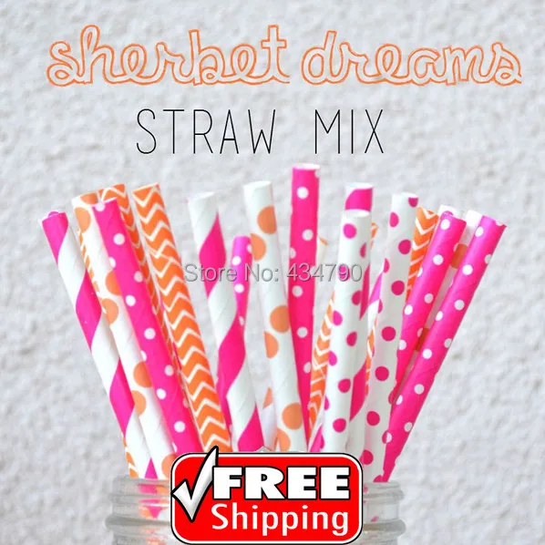 

200pcs Mixed 4 Designs Sherbet Dreams Themed Paper Straws - Tangerine Deep Pink,Orange Drinking Straws-Stripe,Polka Dot,Chevron