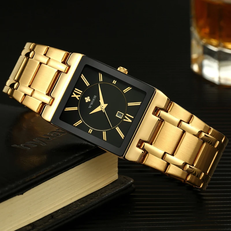 WWOOR мужские часы золотые квадратные роскошные брендовые водонепроницаемые