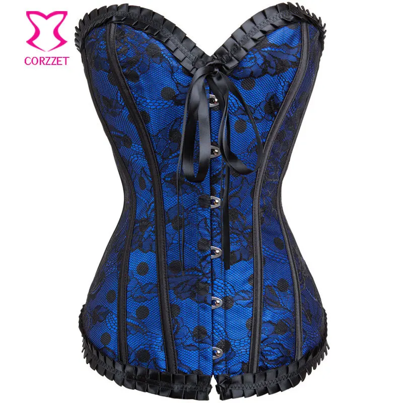 

Women's Shaper Sexy Female Blue Satin Lace Waist Slimming Corsets Polka Dot Bustier Top Push Up Overbsut corpetes e espartilhos