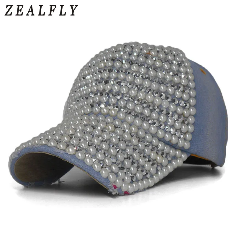 2020 модная бейсбольная кепка жемчужные стразы полями Женщины Snapback шапки джинсы в