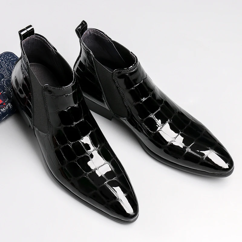 Fashion Black / Wine Red Crocodile Grain Chelsea Boots Mens Dress Boots Patent Leather Wedding Shoes Male Ankle Boots
Fashion Black / Wine Red Crocodile Grain Chelsea Boots Mens Dress Boots Patent Leather Wedding Shoes Male Ankle Boots
