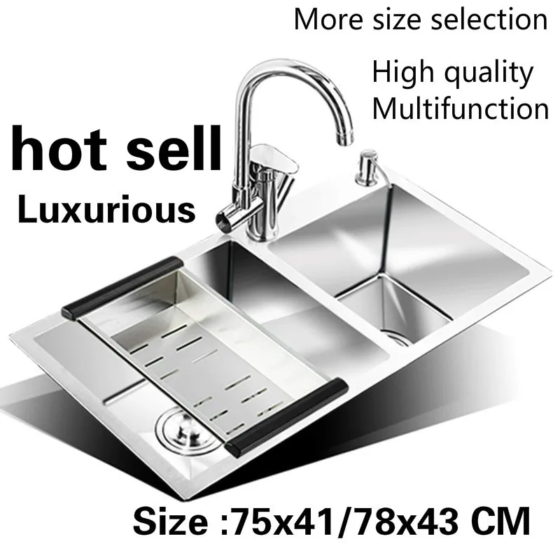 

Free shipping Apartment luxurious kitchen manual sink double groove do the dishes 304 stainless steel hot sell 75x41/78x43 CM