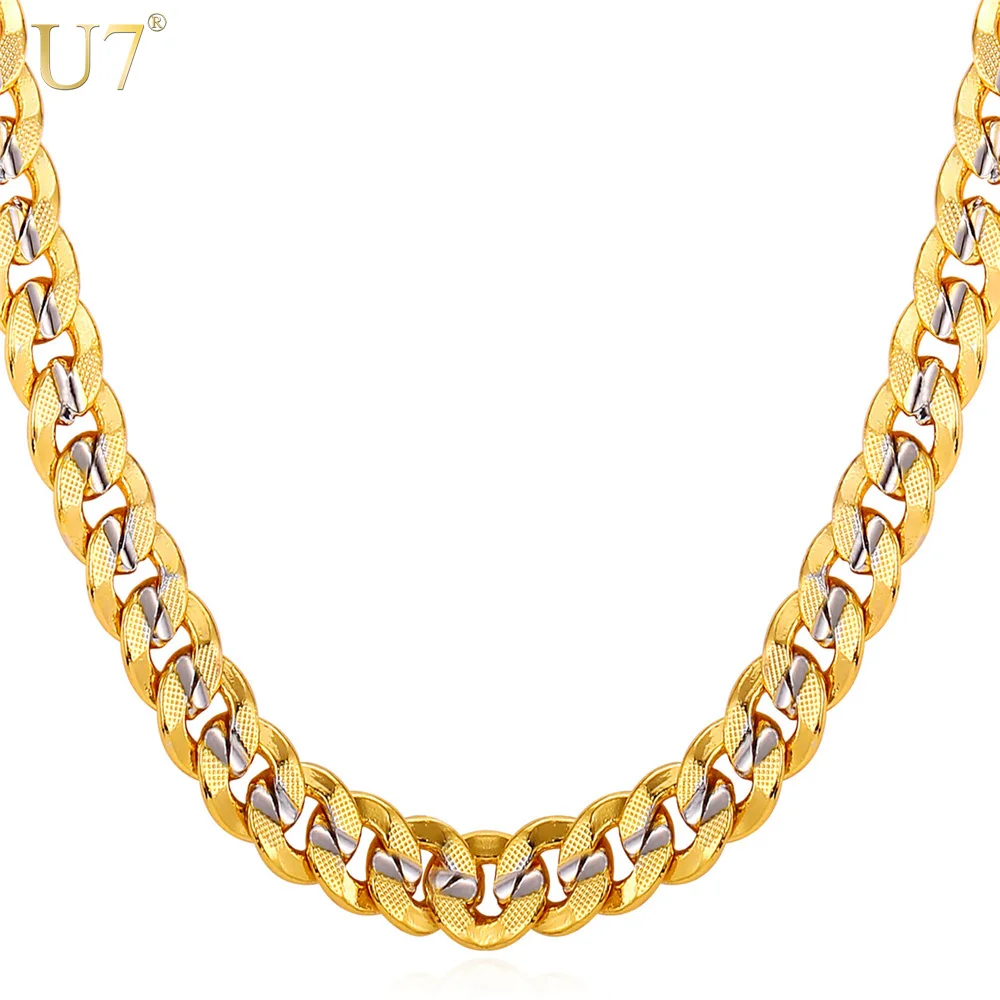 

U7 Men Unisex Two-Tone Jewelry 9mm Wide Platinum & Gold Plated Cuban Chain Necklace (18",20",22",24",26",28",30") N552