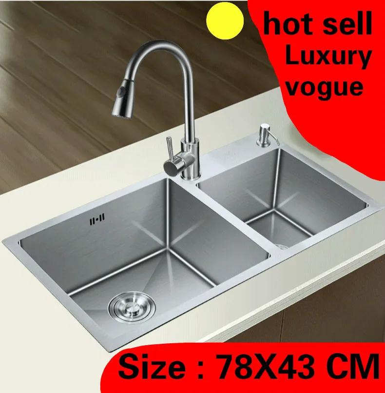 

Free shipping Apartment kitchen manual sink double groove do the dishes 304 food grade stainless steel hot sell 780x430 MM