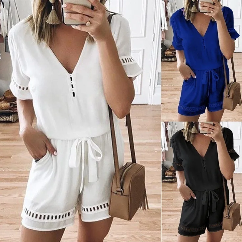 Plus Size Women Rompers Solid White Jumpsuit Summer Short Sleeve Overalls V Neck Jumpsuits Casual Drawstring Playsuit XL 4XL 5XL
Plus Size Women Rompers Solid White Jumpsuit Summer Short Sleeve Overalls V Neck Jumpsuits Casual Drawstring Playsuit XL 4XL 5XL
