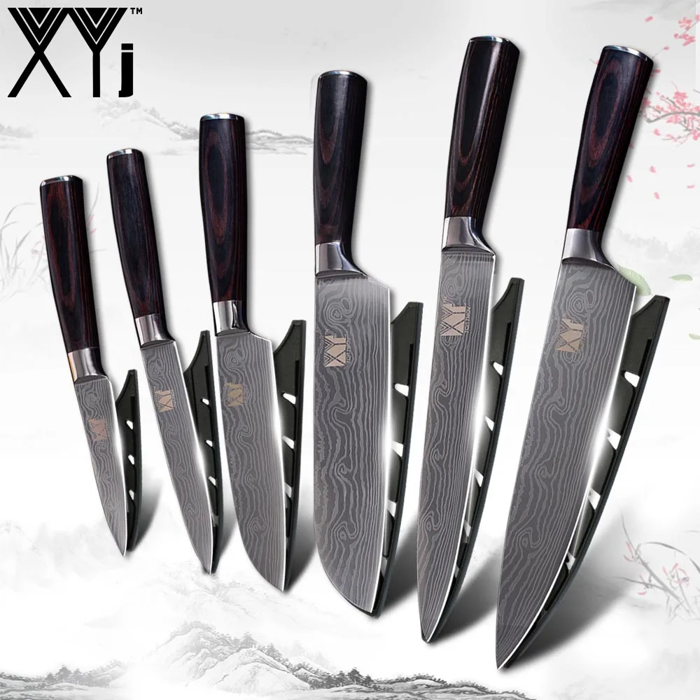 XYj Stainless Steel Kitchen Knife 6-piece Sets Cleaver Damascus Veins Pattern Fruit Utility Santoku Slicing Chef Cook Knives Set
XYj Stainless Steel Kitchen Knife 6-piece Sets Cleaver Damascus Veins Pattern Fruit Utility Santoku Slicing Chef Cook Knives Set
