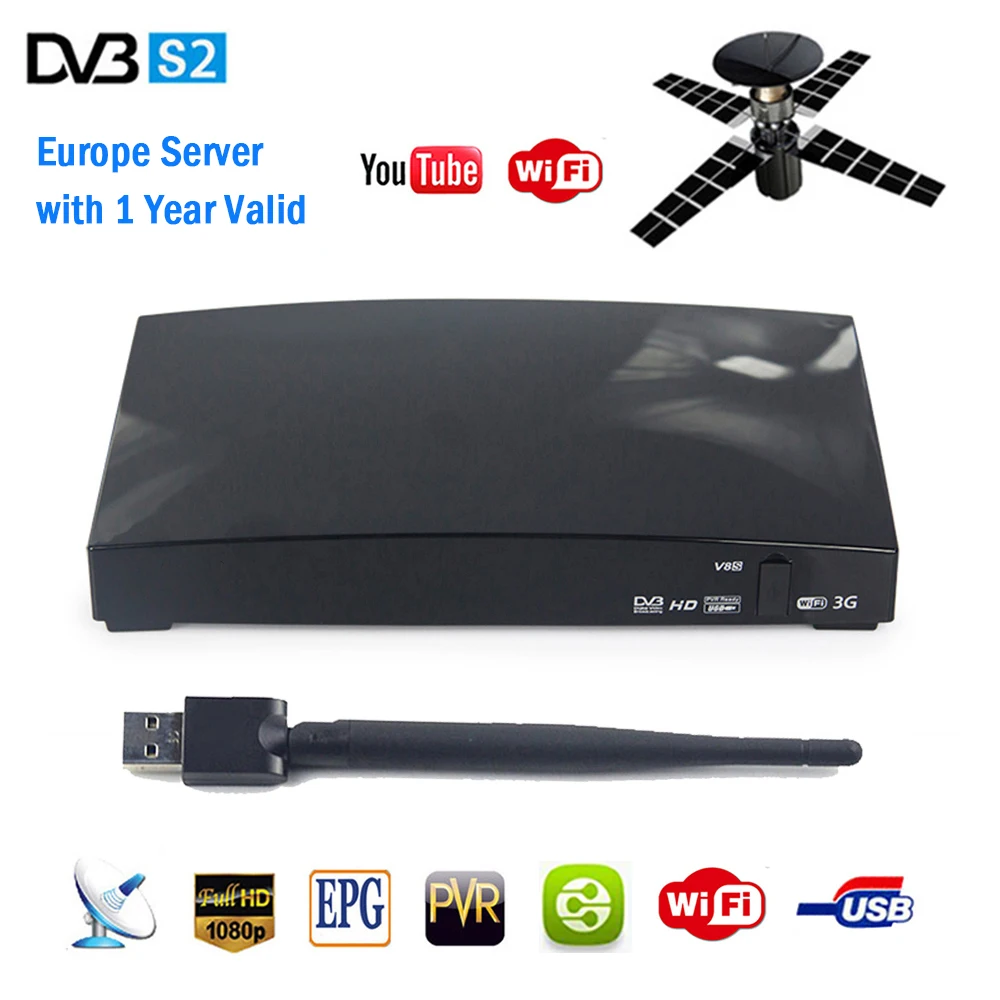 V8S DVB S2 цифровой спутниковый ресивер WEBTV Biss ключ 2x USB слот Wi Fi 3g Youporn NEWCAMD с 1 год