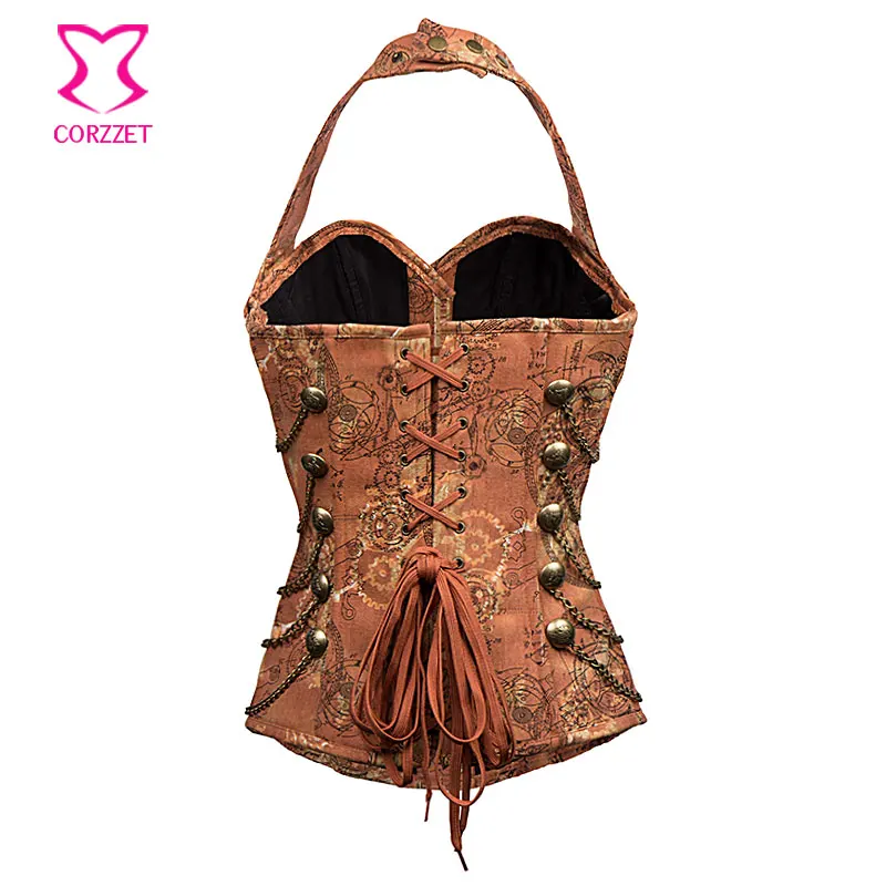 Corzzet Brown Halter Overbust Chain Steampunk Jeans Denim Corset Sexy Marron Gothic Clothing Body Shaper Steel Boned Corselet
Corzzet Brown Halter Overbust Chain Steampunk Jeans Denim Corset Sexy Marron Gothic Clothing Body Shaper Steel Boned Corselet