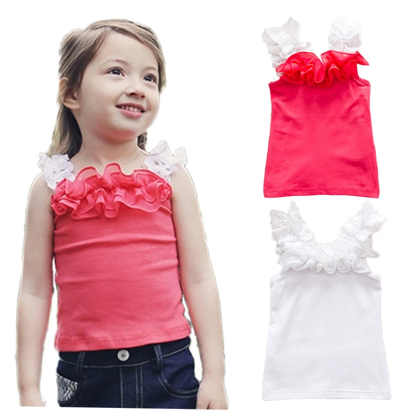 

Chic Baby Girls Summer Tops Lace Strap Ruffles Cotton Sleeveless T shirt Fashion Color Block Vest Sleeveles Toddler Camisole