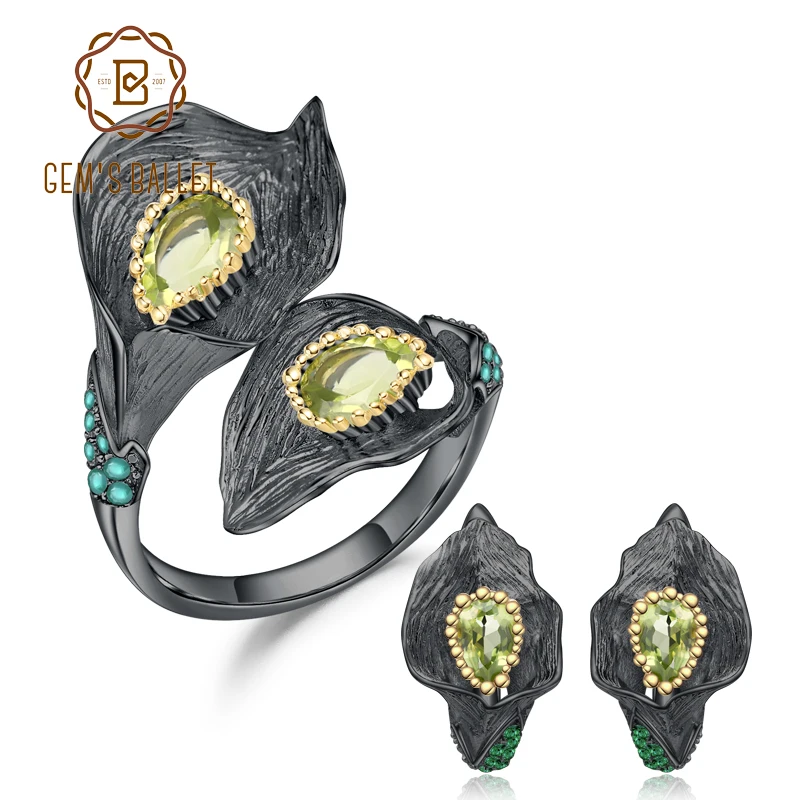 GEM'S BALLET 925 Sterling Silver Handmade Callalily Leaf Jewelry Set 2.83Ct Natural Peridot Ring Earrings Jewelry Sets For Women
GEM'S BALLET 925 Sterling Silver Handmade Callalily Leaf Jewelry Set 2.83Ct Natural Peridot Ring Earrings Jewelry Sets For Women