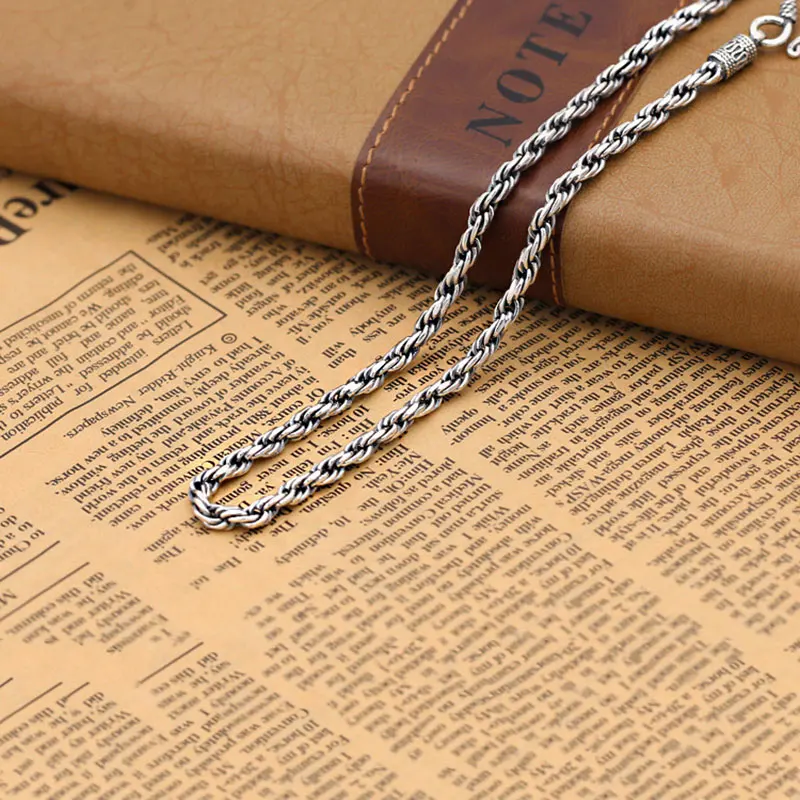 

FNJ 4mm Rope Chain Necklaces 925 Silver 45cm to 60cm Fashion Original S925 Thai Silver Men Necklace Jewelry