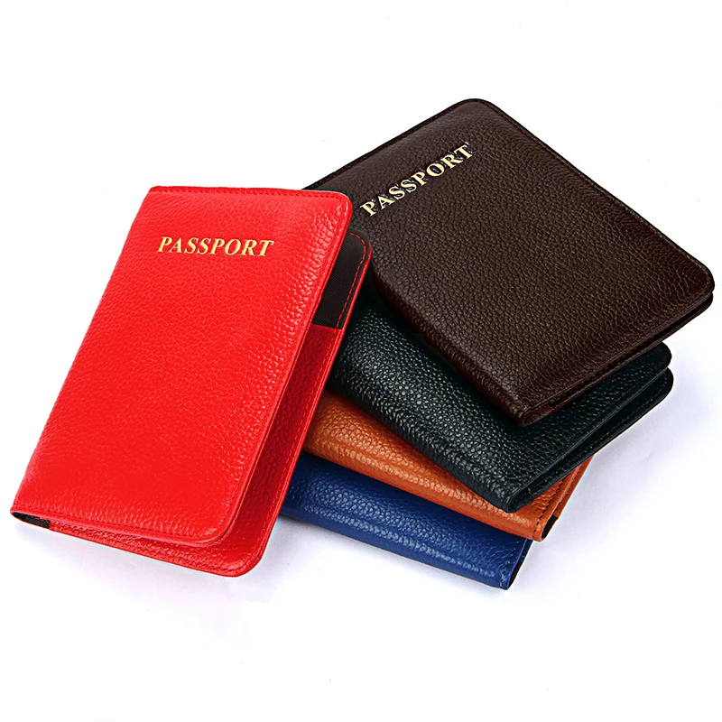 

BONAMIE Genuine Leather Women Passport Cover Men Classic Business Travel Passport Case Card Holder Airplane Ticket Bags Red