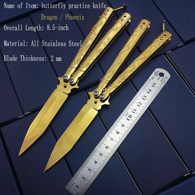 Gold Titanium High Quality Dragon Phoenix Butterfly in Knife Practice Knife Training Knife NO sharp Unsharpend Survival Knives
Gold Titanium High Quality Dragon Phoenix Butterfly in Knife Practice Knife Training Knife NO sharp Unsharpend Survival Knives