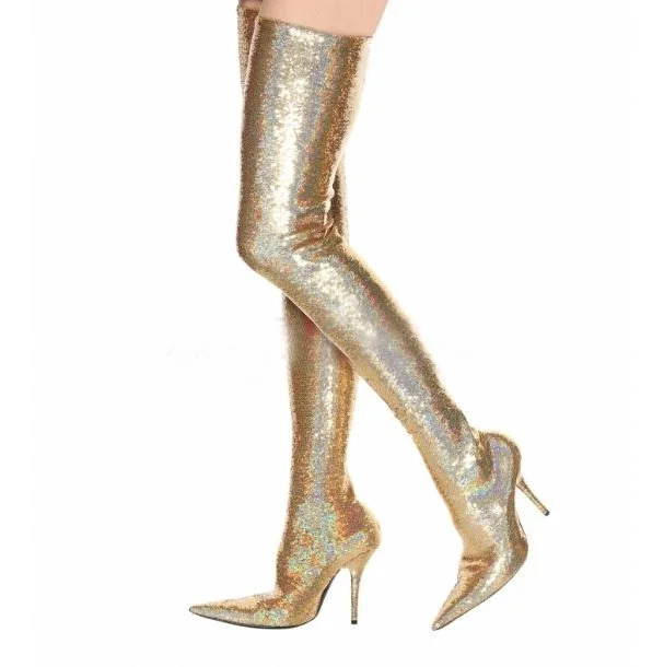 

Drop Shipping Big Size 43 Woman Gold Sliver Stretch Bling Bling Pointed Toe Stiletto Heels Over The Knee Thigh High Long Boots
