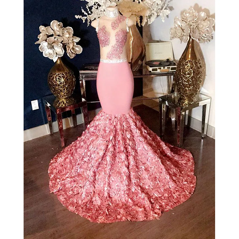 

Pink Long Mermaid Prom Dresses New See Though Sweep Strain Lace Applique High Neck Formal Evening Dress Party Gowns