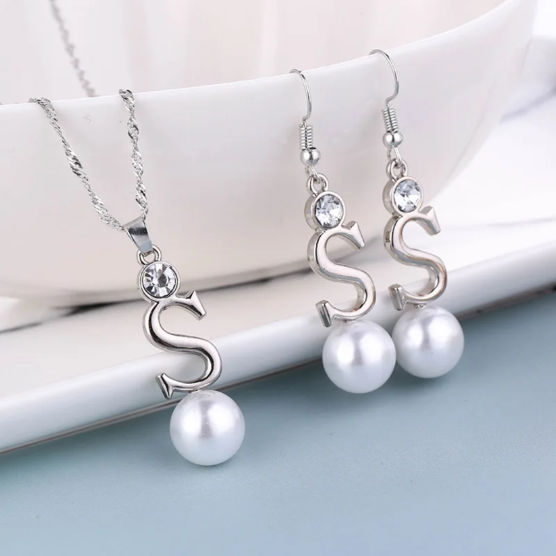 RNAFASHION Initial S Letter Alphabet Simulated Pearl Necklaces Earring Pendants Fashion Women Jewelry Sets Yellow Gold Filled | Украшения и