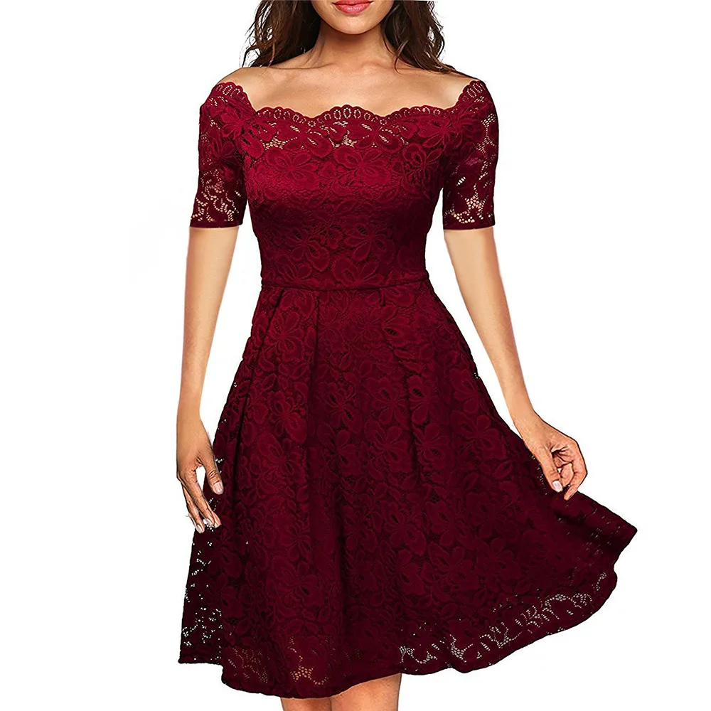 Summer Women Dress Sexy Off Shoulder Slim Elegant Solid Lace Wine Red Party Dresses Female Vintage A-Line Retro Dress Vestidos
Summer Women Dress Sexy Off Shoulder Slim Elegant Solid Lace Wine Red Party Dresses Female Vintage A-Line Retro Dress Vestidos