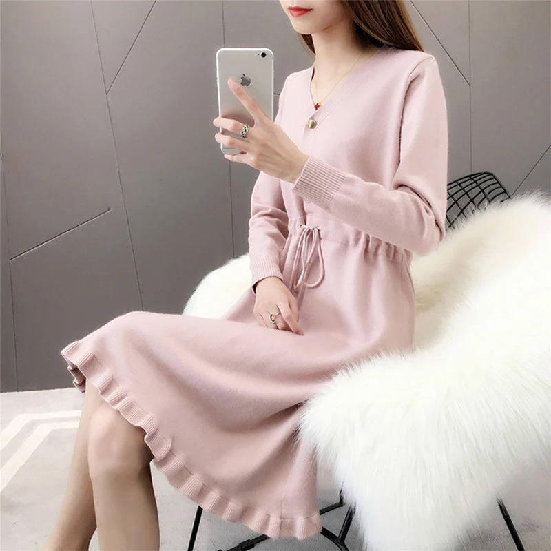 Women Knit Sweater Dress Korean Autumn Winter Pullover Loose Long Sleeve Pink Black Knit Midi Dress Sweater Women Clothing K992
Women Knit Sweater Dress Korean Autumn Winter Pullover Loose Long Sleeve Pink Black Knit Midi Dress Sweater Women Clothing K992