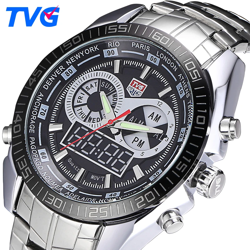 

Top Brand TVG Military Sports Watches Mens Quartz Analog LED watch wrist stainless steel Clock Men Army Wristwatch 2PCS/lot