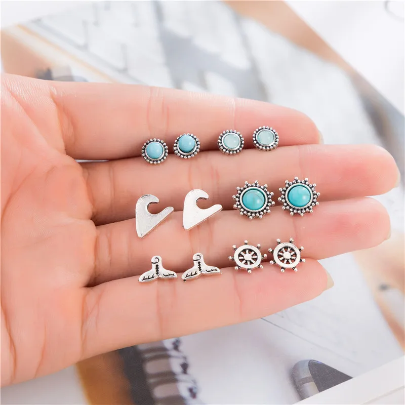 6 Pairs/Set Bohemian Mermaid Tail Rudder Pattern Stud Earrings Set Stone Anchor Piercing Jewelry for Women Boucle D'oreille
6 Pairs/Set Bohemian Mermaid Tail Rudder Pattern Stud Earrings Set Stone Anchor Piercing Jewelry for Women Boucle D'oreille