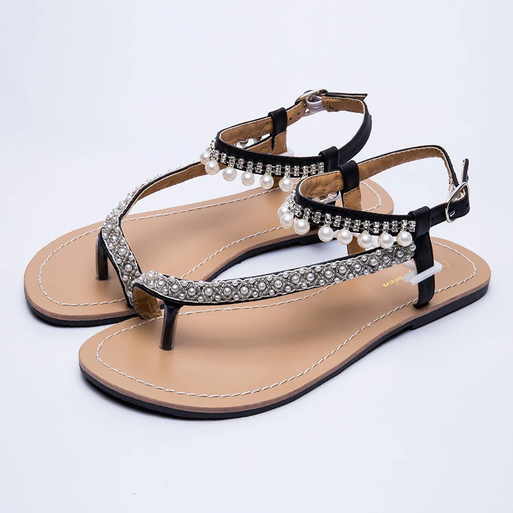 

NEW Summer Women`s Bohemia Sandals Beach Pearl Shoes Lady T-Strap Thong Flip Flops Comfortable Peep Toe Shoes Plus Size