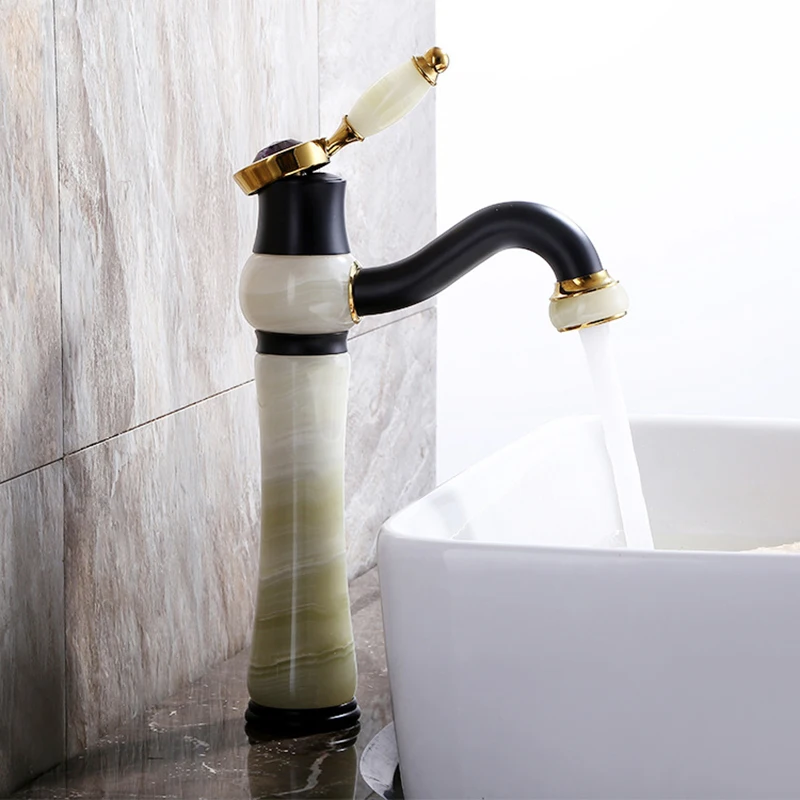 

Basin Faucets Sink Mixer Taps Hot & Cold Sink Faucet Single Hole Deck Mounted Wash Black Finish Jade and Brass Basin Water Taps