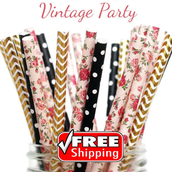 

150pcs Mixed 3 Designs VINTAGE PARTY Themed Paper Straws-Black,Gold Foil,Pink,Colorful,Swiss Dot,Chevron,Flower,Floral-Wedding