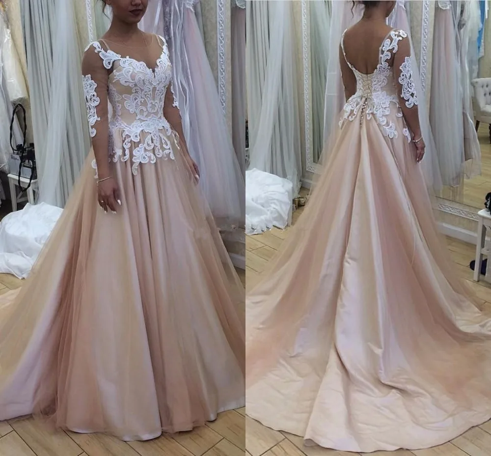 2021 Champagne Wedding Dresses Sheer Neck 3/4 Sleeves Lace Tulle Satin A line Wedding Gowns Backless Plus Size Bridal Dress
2021 Champagne Wedding Dresses Sheer Neck 3/4 Sleeves Lace Tulle Satin A line Wedding Gowns Backless Plus Size Bridal Dress