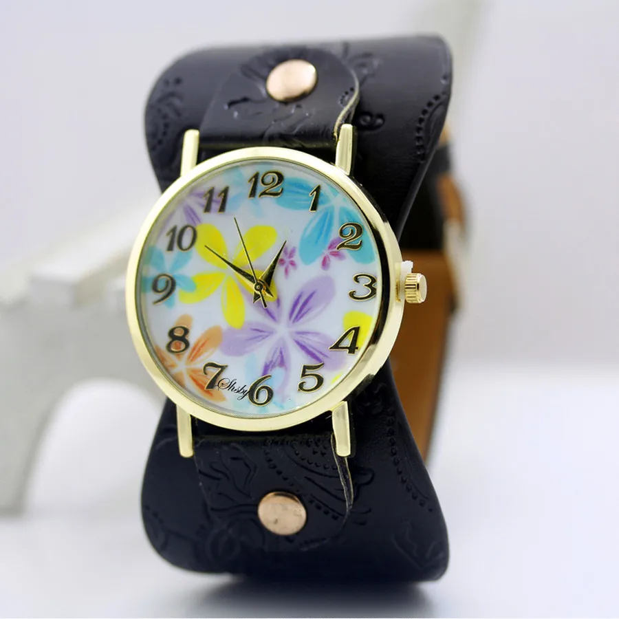 Женские кожаные Наручные часы shsby широкие с цветными цветами повседневные для